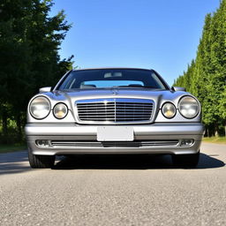 A sleek and stylish 1998 Mercedes E430 parked on a scenic road, showcasing its classic lines and elegant design
