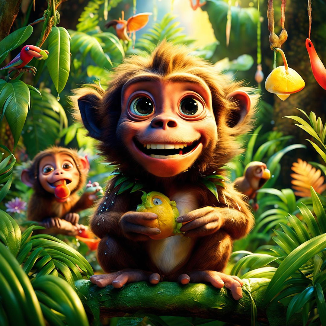 A cute monkey in a vibrant Pixar-style jungle scene, holding a banana with joy on its face. The image is high-definition and radiates happiness.