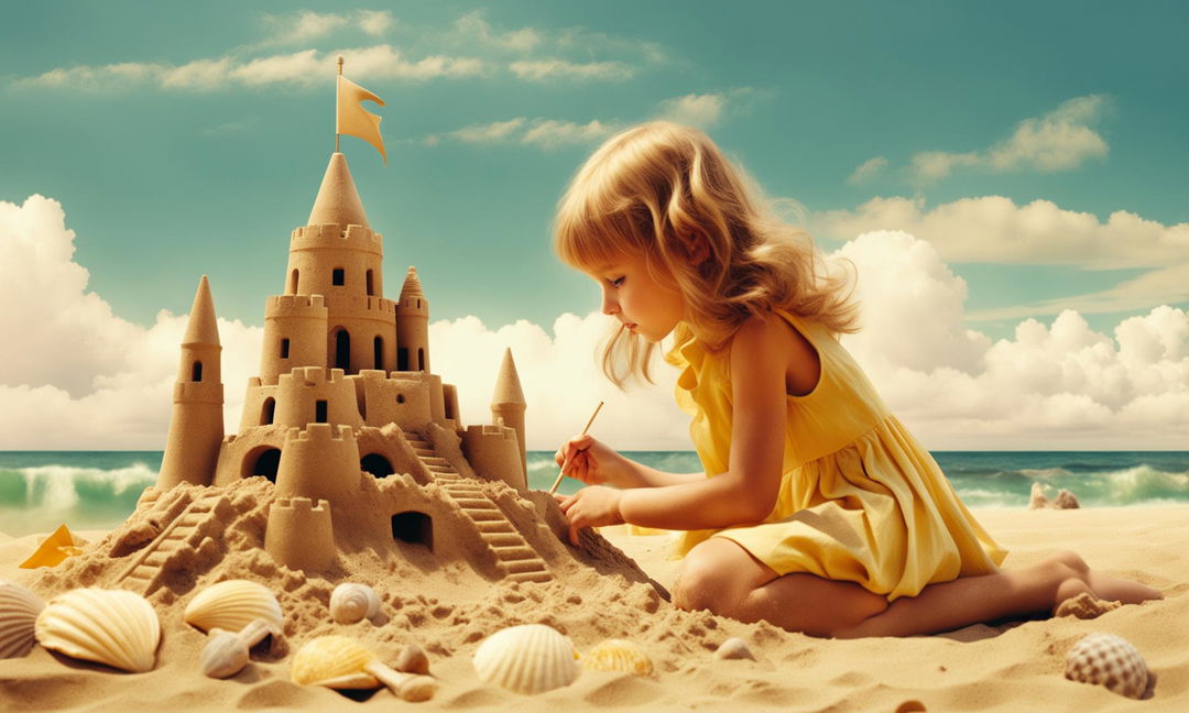 Wes Anderson style poster of a girl building sandcastles on a pastel beach under yellow sunshine.