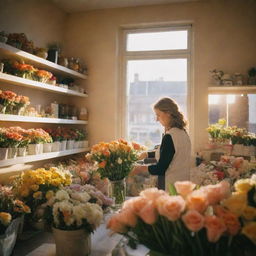 Photography shot inside a cosy flower shop during golden hour, a lone woman working on a bouquet. The image captures depth of field, with sun backlighting the scene, emulating the style of spring shot on Kodak Portra 800 with a 105mm f1.8.