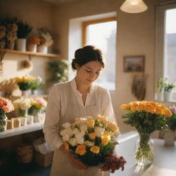 Photography shot inside a cosy flower shop during golden hour, a lone woman working on a bouquet. The image captures depth of field, with sun backlighting the scene, emulating the style of spring shot on Kodak Portra 800 with a 105mm f1.8.