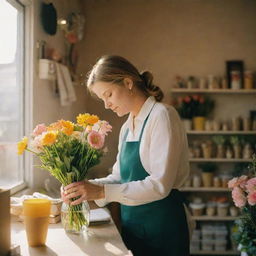 Photography shot inside a cosy flower shop during golden hour, a lone woman working on a bouquet. The image captures depth of field, with sun backlighting the scene, emulating the style of spring shot on Kodak Portra 800 with a 105mm f1.8.