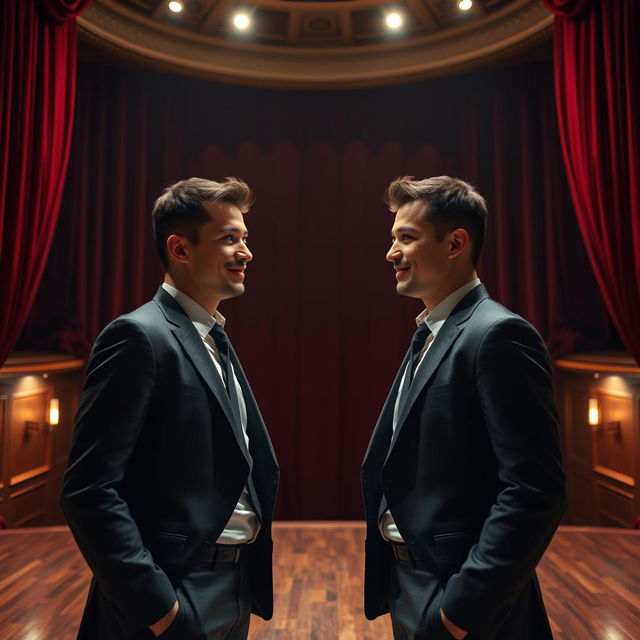 A young businessman stands face to face with his exact double in a theater setting, creating an intriguing and surreal atmosphere
