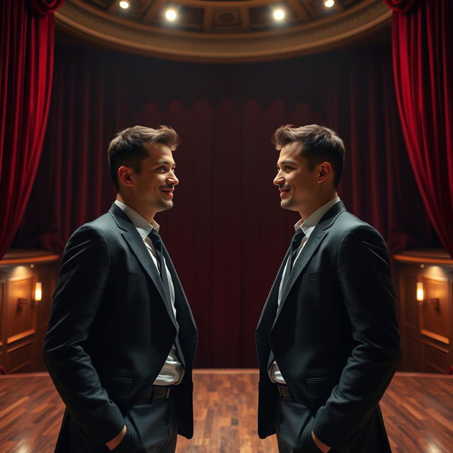 A young businessman stands face to face with his exact double in a theater setting, creating an intriguing and surreal atmosphere