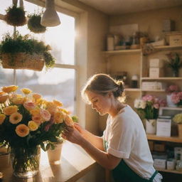 Photography shot inside a cosy flower shop during golden hour, a lone woman working on a bouquet. The image captures depth of field, with sun backlighting the scene, emulating the style of spring shot on Kodak Portra 800 with a 105mm f1.8.