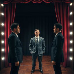 A young businessman stands face to face with his exact double in a theater setting, creating an intriguing and surreal atmosphere