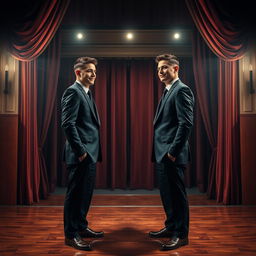 A young businessman stands face to face with his exact double in a theater setting, creating an intriguing and surreal atmosphere