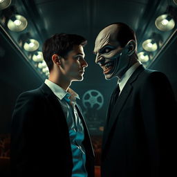 A chilling scene from a horror movie featuring a young businessman standing face to face with his terrifying double in a dark, eerie theater