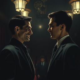 A chilling scene from a horror movie featuring a young businessman standing face to face with his terrifying double in a dark, eerie theater