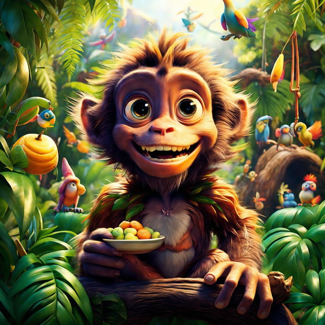 A cute monkey in a classic Pixar-style jungle scene, holding a banana with joy on its face. The image is high-definition and radiates happiness, with iconic Pixar elements.