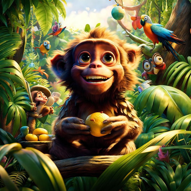 A cute monkey in a classic Pixar-style jungle scene, holding a banana with joy on its face. The image is high-definition and radiates happiness, with iconic Pixar elements.