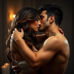 A passionate romantic scene featuring an adult woman with striking features reminiscent of actress Gyulsim Ali, completely nude, sharing an intimate kiss with a Syrian man