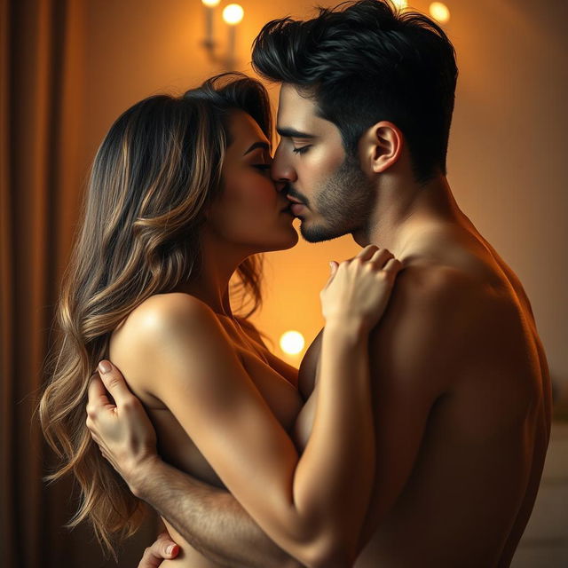 A passionate romantic scene featuring an adult woman with striking features reminiscent of actress Gyulsim Ali, completely nude, sharing an intimate kiss with a Syrian man