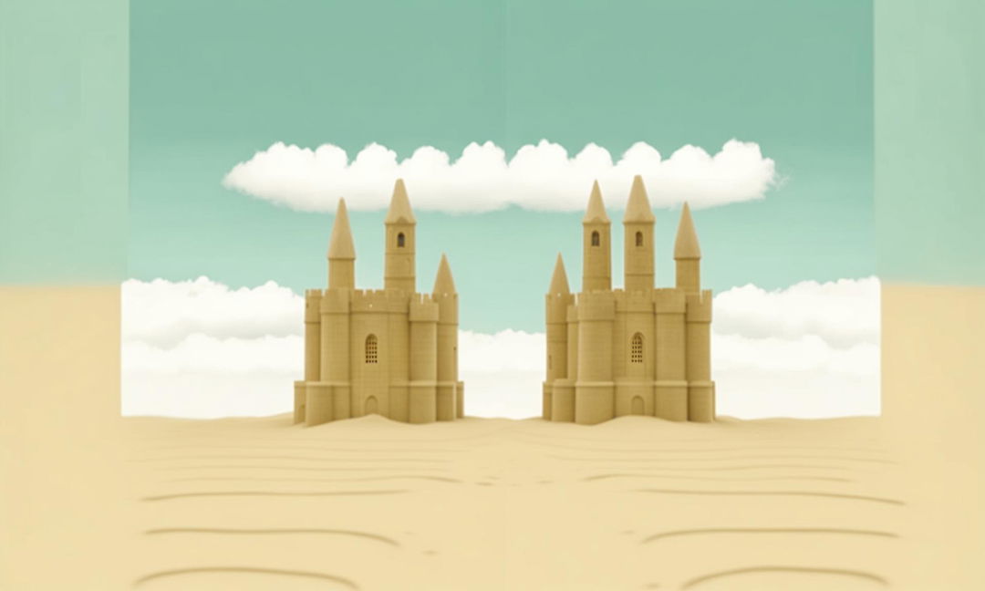 Minimalist Wes Anderson-inspired poster featuring symmetrical sandcastles on a pristine beach with a calm sea and fluffy white clouds.