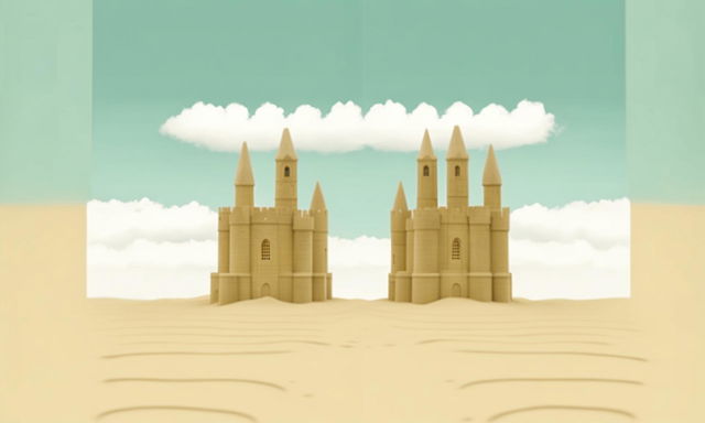 Minimalist Wes Anderson-inspired poster featuring symmetrical sandcastles on a pristine beach with a calm sea and fluffy white clouds.