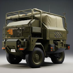 A military truck with an open back, focusing on its robust design, distinct features, and sturdy construction.