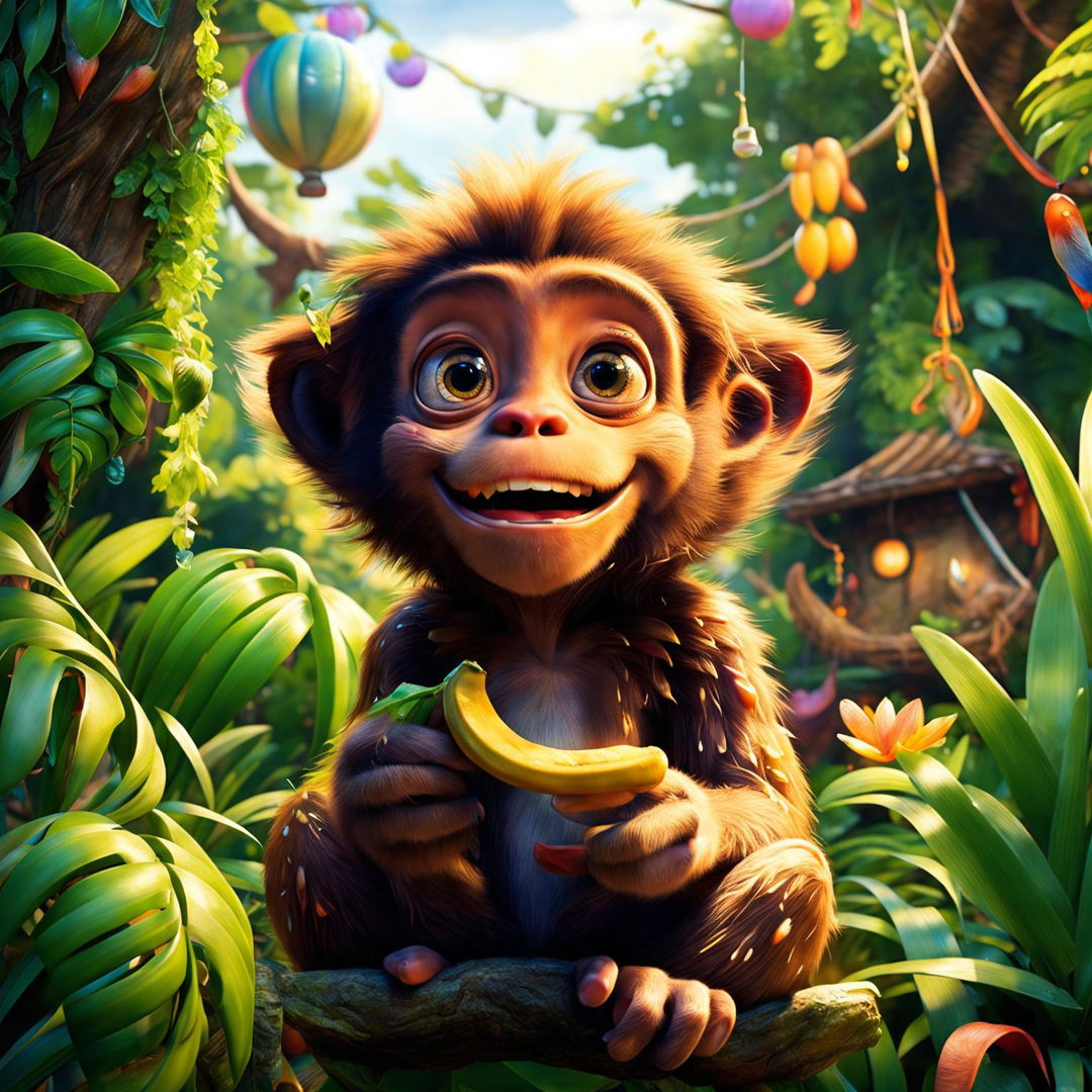 An endearing monkey in a classic Pixar-style jungle scene, holding a banana with joy on its face. The image is high-definition and radiates happiness, with iconic Pixar elements.