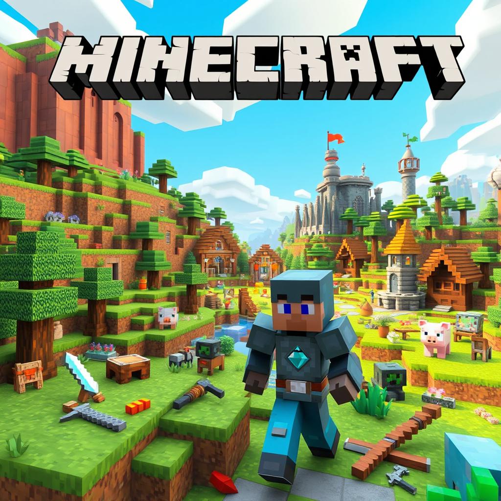 A vibrant Minecraft-themed world created in a cinematic 3D cartoon style, featuring blocky landscapes with lush green hills, colorful biomes, and a bright blue sky