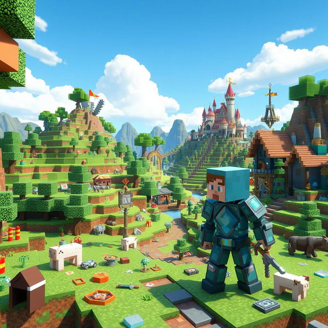 A vibrant Minecraft-themed world created in a cinematic 3D cartoon style, featuring blocky landscapes with lush green hills, colorful biomes, and a bright blue sky