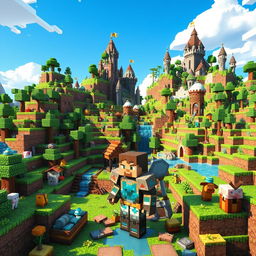 A vibrant Minecraft-themed world created in a cinematic 3D cartoon style, featuring blocky landscapes with lush green hills, colorful biomes, and a bright blue sky