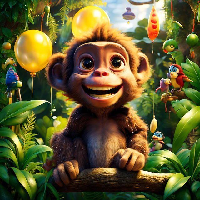 An irresistibly adorable monkey in a classic Pixar-style jungle scene, holding a banana with joy on its face. The image is high-definition and radiates happiness, with iconic Pixar elements.