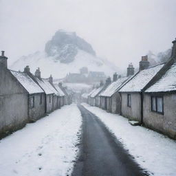 35mm photo of a misty, snow-covered Scottish village with perspective leading to a vanishing point, applied with aspect ratio 3:4 and stylize 150.