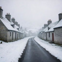 35mm photo of a misty, snow-covered Scottish village with perspective leading to a vanishing point, applied with aspect ratio 3:4 and stylize 150.