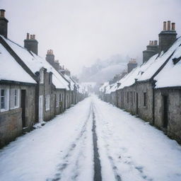 35mm photo of a misty, snow-covered Scottish village with perspective leading to a vanishing point, applied with aspect ratio 3:4 and stylize 150.