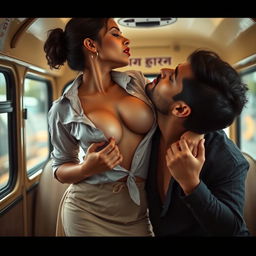 A sensual scene featuring an attractive woman, inspired by Nushrath Bharucha, wearing a short skirt and striking red lipstick
