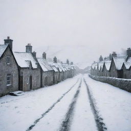 35mm photo of a misty, snow-covered Scottish village with perspective leading to a vanishing point, applied with aspect ratio 3:4 and stylize 150.