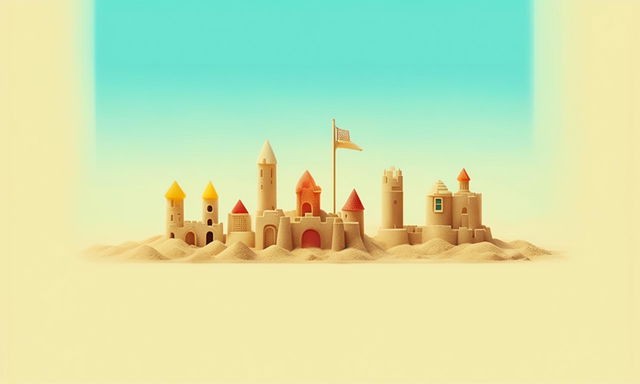 Minimalist Wes Anderson-inspired poster featuring sandcastles on a sunlit beach with a warm color palette.