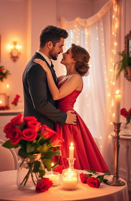 A romantic scene depicting a beautifully decorated room with soft candlelight, where a couple is gazing into each other's eyes with deep affection