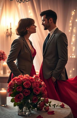 A romantic scene depicting a beautifully decorated room with soft candlelight, where a couple is gazing into each other's eyes with deep affection