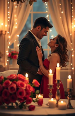 A romantic scene depicting a beautifully decorated room with soft candlelight, where a couple is gazing into each other's eyes with deep affection