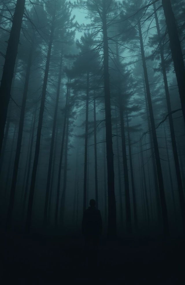 A dark and eerie forest, with tall, menacing trees that loom overhead