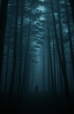 A dark and eerie forest, with tall, menacing trees that loom overhead