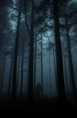 A dark and eerie forest, with tall, menacing trees that loom overhead