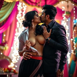 A sensual scene featuring an attractive woman, inspired by Nushrath Bharucha, wearing a short skirt and striking red lipstick