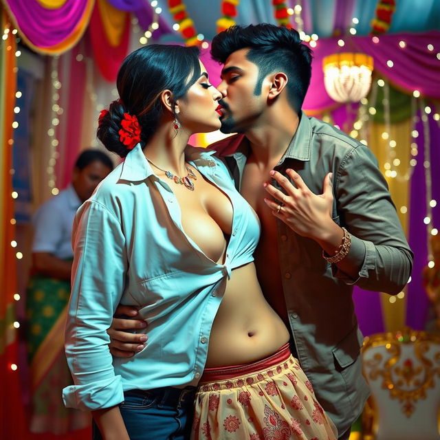 A sensual scene featuring an attractive woman, inspired by Nushrath Bharucha, wearing a short skirt and striking red lipstick