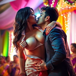 A sensual scene featuring an attractive woman, inspired by Nushrath Bharucha, wearing a short skirt and striking red lipstick