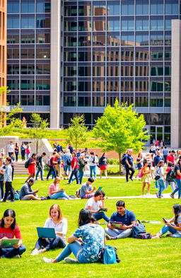 A vibrant university campus scene during the day, bustling with students of diverse backgrounds studying, socializing, and participating in various activities