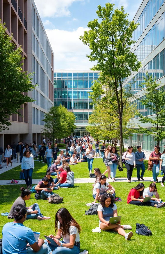 A vibrant university campus scene during the day, bustling with students of diverse backgrounds studying, socializing, and participating in various activities