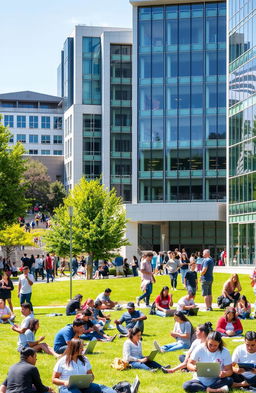 A vibrant university campus scene during the day, bustling with students of diverse backgrounds studying, socializing, and participating in various activities