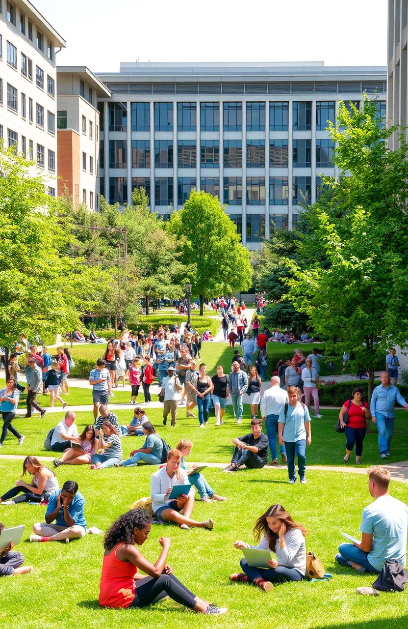 A vibrant university campus scene during the day, bustling with students of diverse backgrounds studying, socializing, and participating in various activities