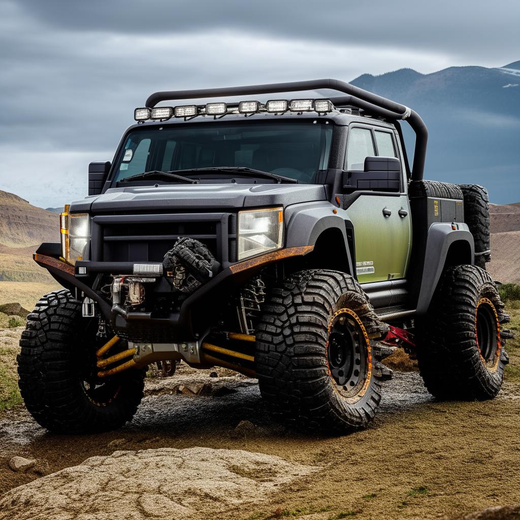 A rough-terrain truck designed to navigate challenging landscapes, showcasing its rugged build, large tires, and durable design.