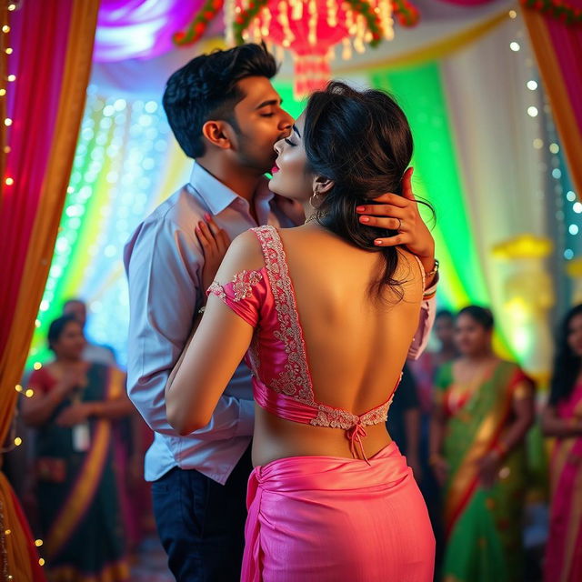 A sensual scene featuring an attractive woman, inspired by Nushrath Bharucha, wearing a short skirt and striking red lipstick