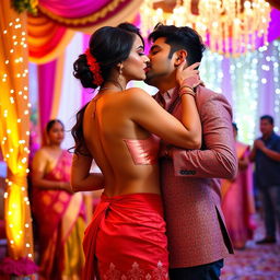 A sensual scene featuring an attractive woman, inspired by Nushrath Bharucha, wearing a short skirt and striking red lipstick