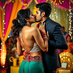 A sensual scene featuring an attractive woman, inspired by Nushrath Bharucha, wearing a short skirt and striking red lipstick