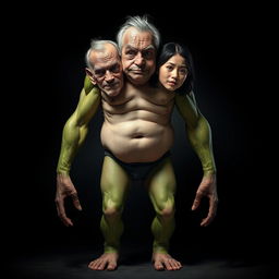 A bizarre creature featuring the torso of a muscular man, legs resembling fresh cucumbers, and arms that look like ripe avocados