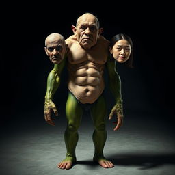 A bizarre creature featuring the torso of a muscular man, legs resembling fresh cucumbers, and arms that look like ripe avocados